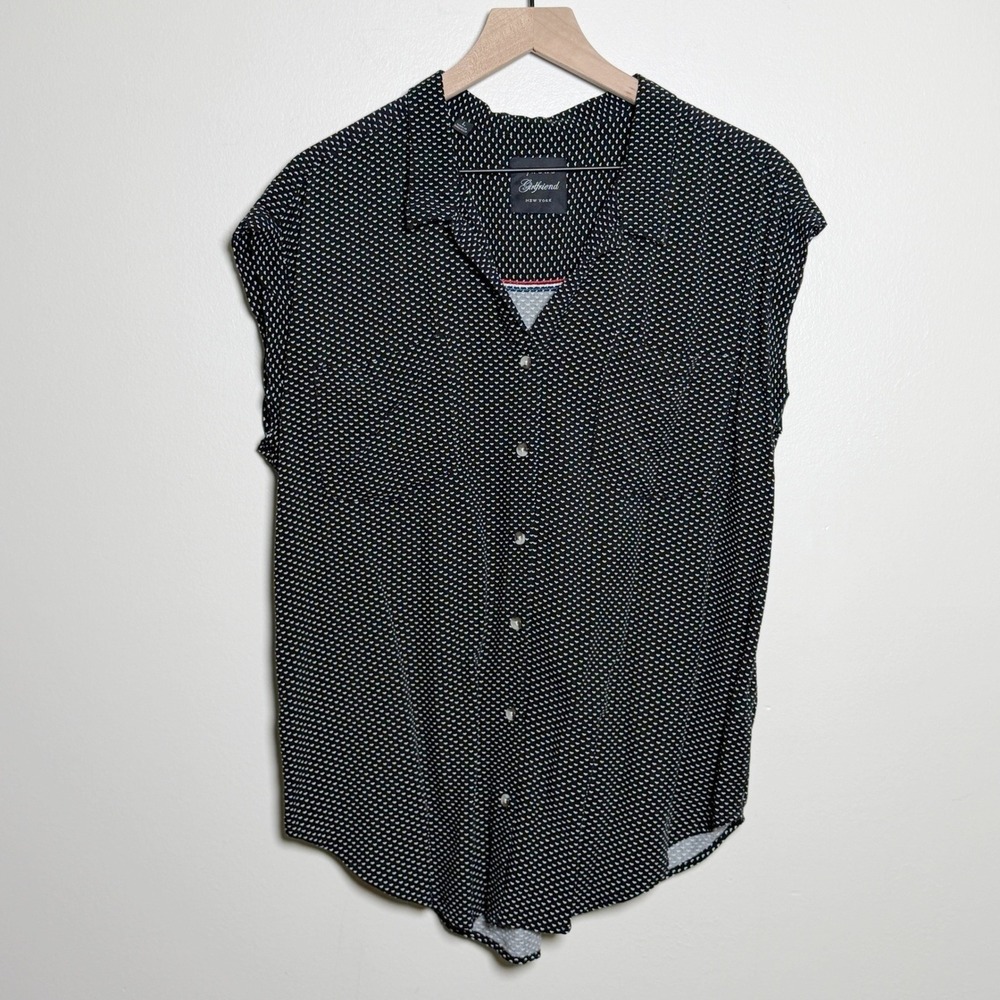 Jachs Girlfriend Womens Black White Rayon Button Down Cap Sleeve Blouse Large